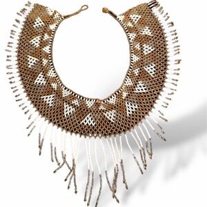 Handmade Gold and White Beaded Collar Choker Necklace